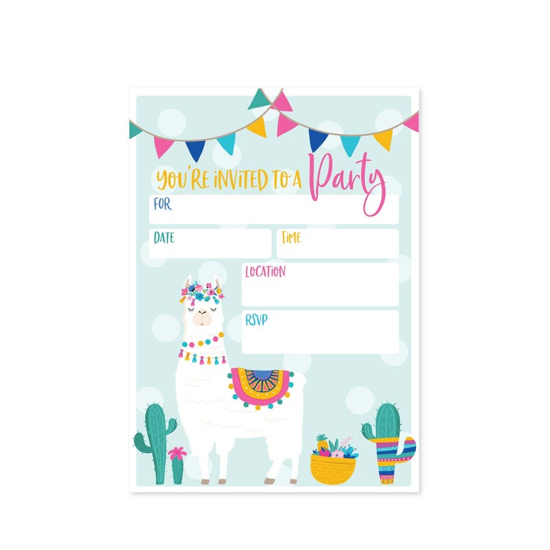 Canopy Street Llama Fill In Party Invitation / 25 Llama Fiesta Birthday Invitations and Envelopes / 5" x 7" Flat Alpaca Invite/Llama Baby Shower Invitation/Made In The USA - Image 1